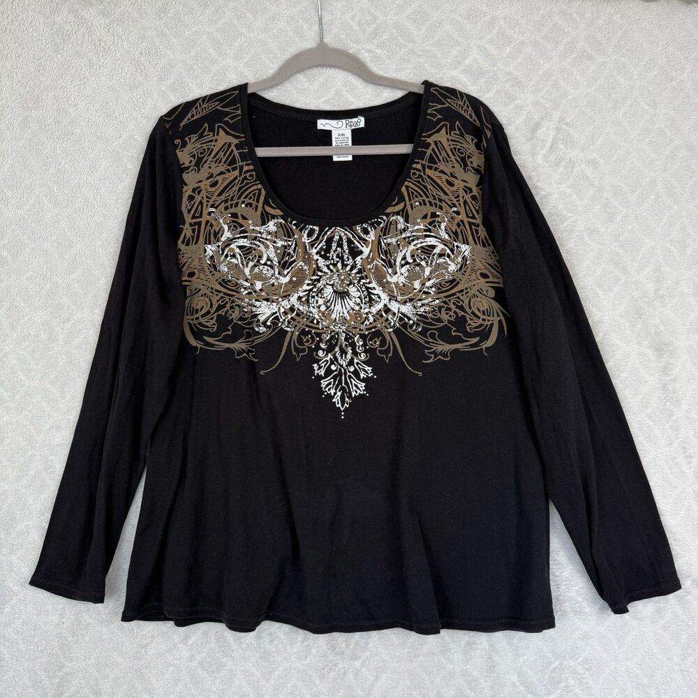 Vtg Y2K Long Sleeve Top XXL Black Sequin Bling Affliction Style Grunge Punk Emo